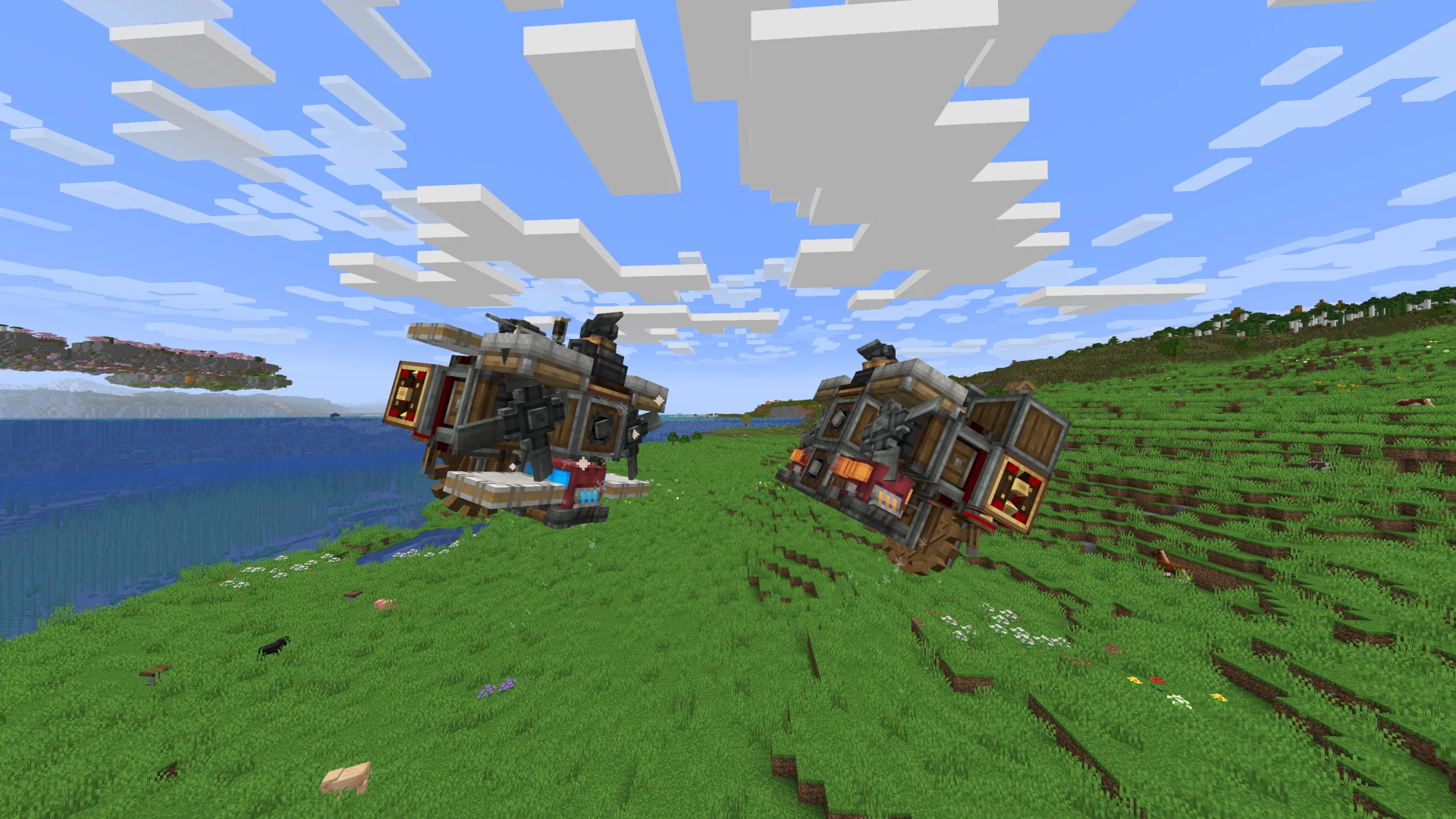 Immersive Aircraft craft shown clearly in a Minecraft landscape