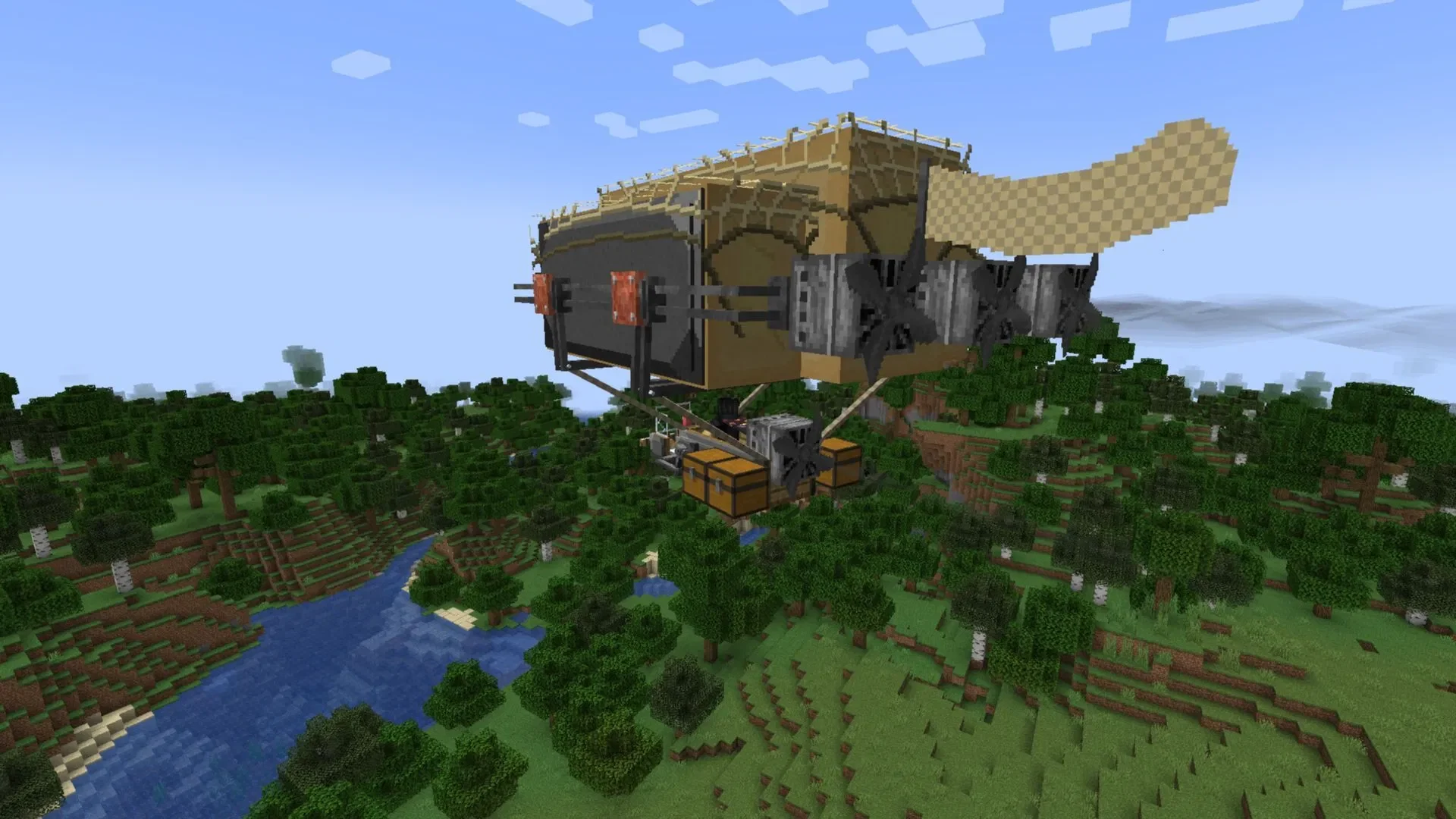 Immersive Aircraft airship flying over a Minecraft landscape